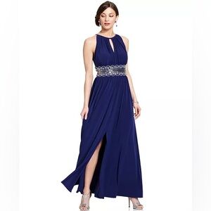 R & M Richards Blue Maxi Dress with Beaded Accents